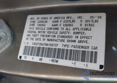 2009 Honda Accord 2.4 Lx-P из США, поврежденный, VIN 1HGCP26479A156737